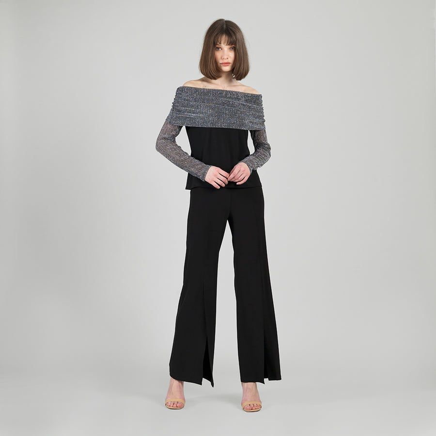 Sheer Shimmer - Ruched Off-Shoulder Top - Silver