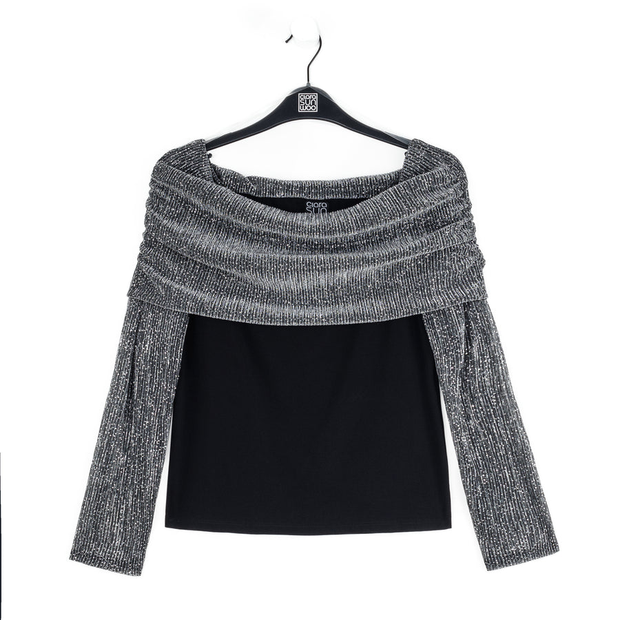 Sheer Shimmer - Ruched Off-Shoulder Top - Silver