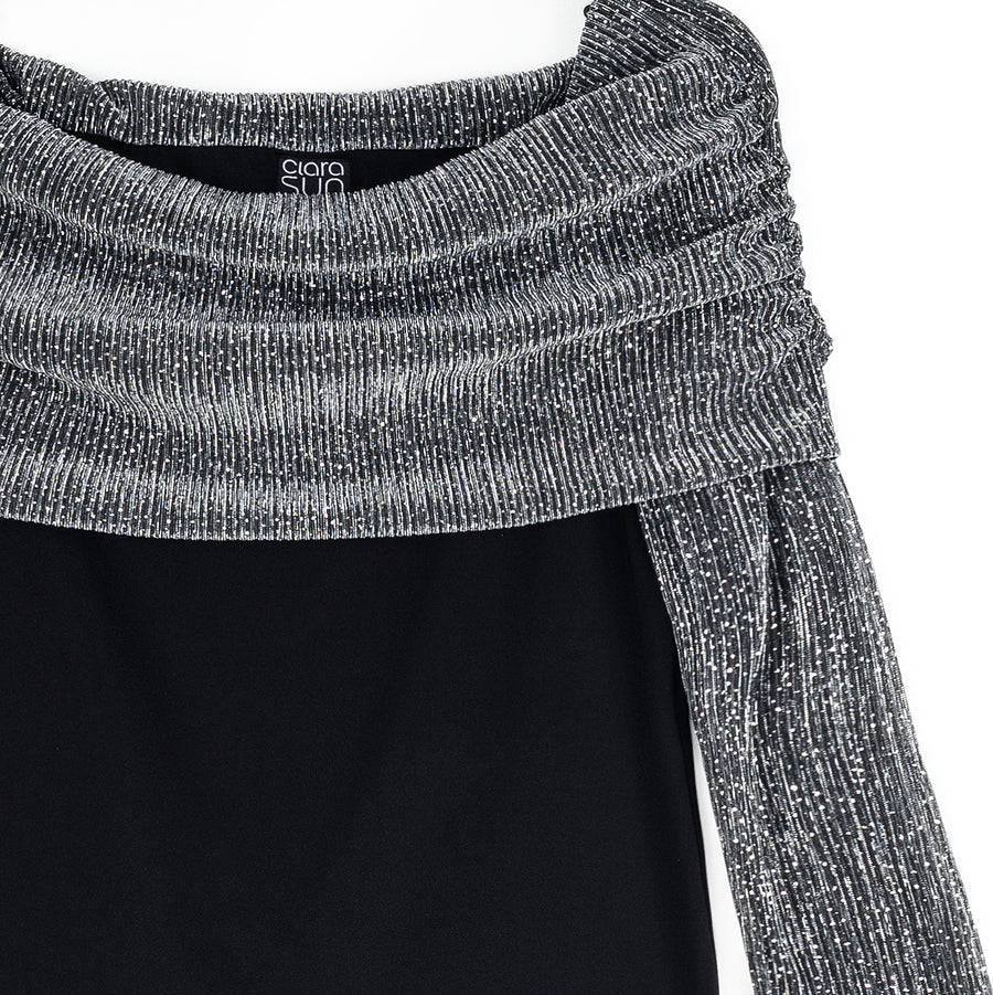 Sheer Shimmer - Ruched Off-Shoulder Top - Silver