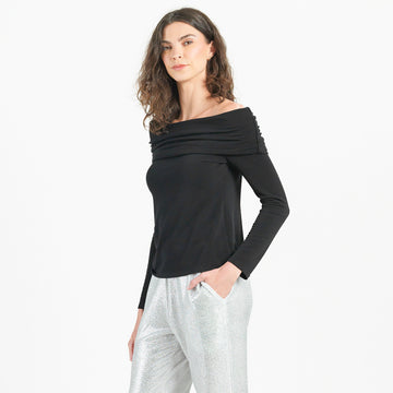 Ultra Cozy - Ruched Off-Shoulder Sweater Top - Black - Final Sale