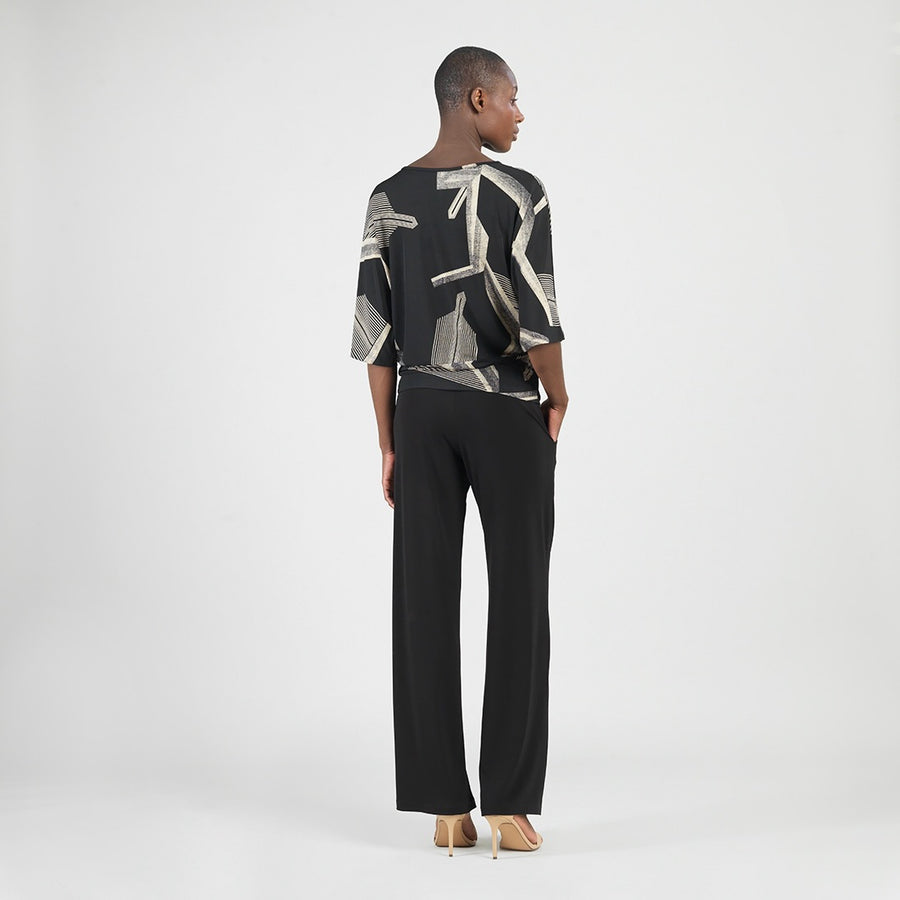 Banded Hemline Elbow Sleeve Top - Linear Geo