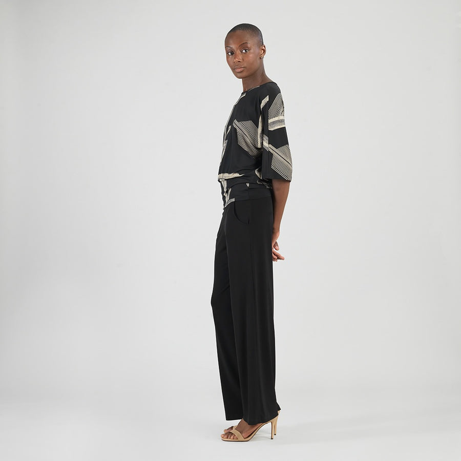 Banded Hemline Elbow Sleeve Top - Linear Geo