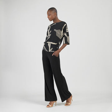 Banded Hemline Elbow Sleeve Top - Linear Geo
