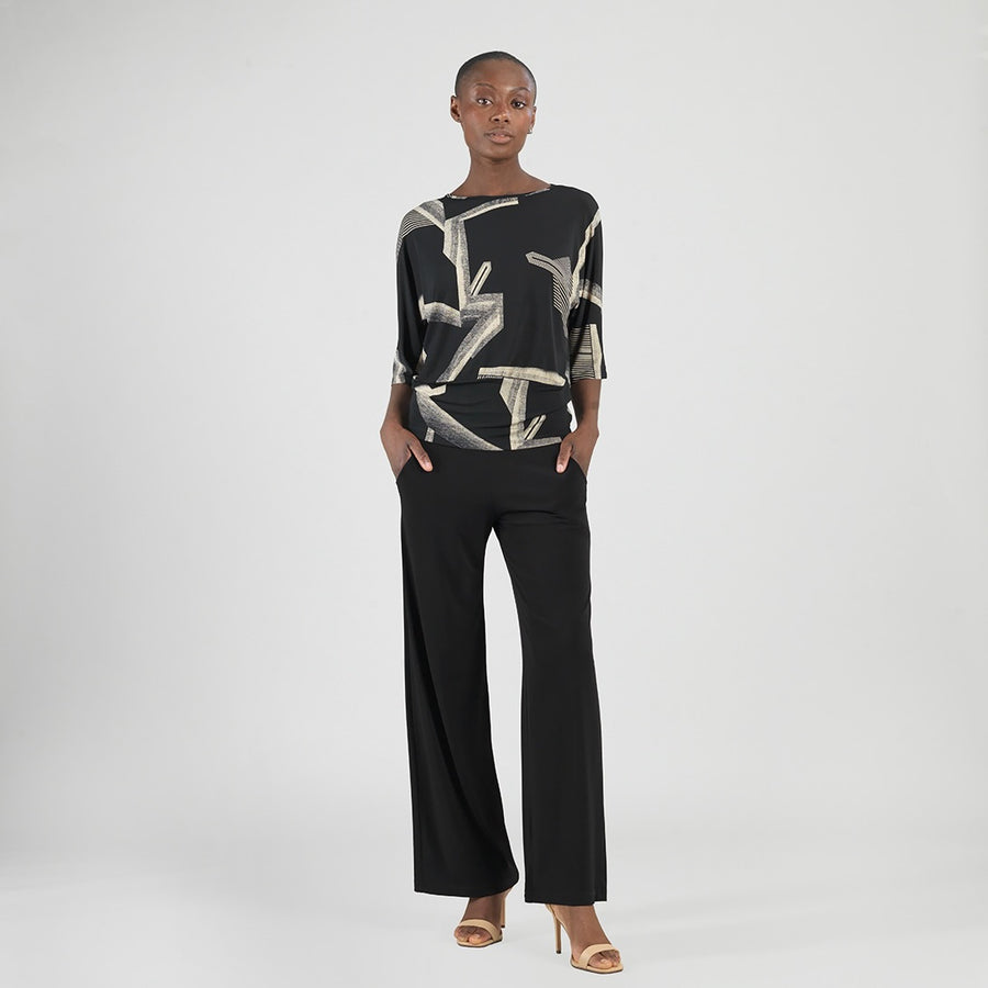 Banded Hemline Elbow Sleeve Top - Linear Geo
