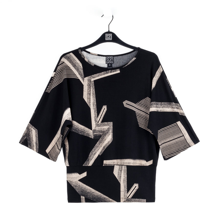 Banded Hemline Elbow Sleeve Top - Linear Geo