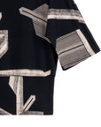 Banded Hemline Elbow Sleeve Top - Linear Geo