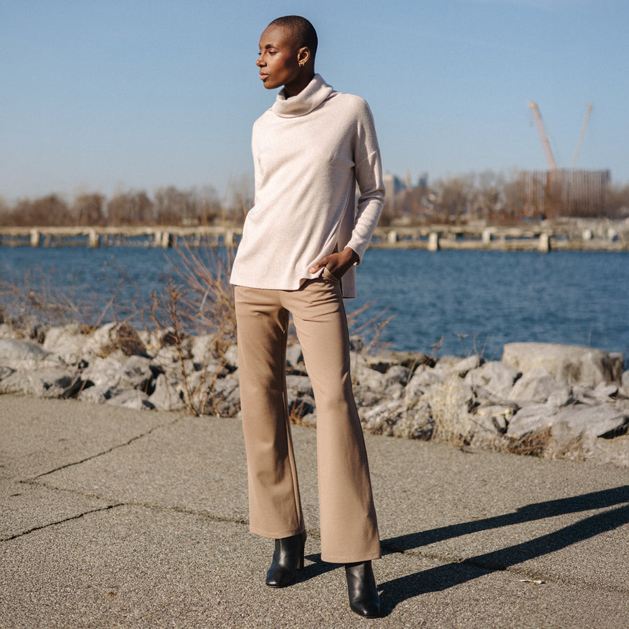 Faux Cashmere - Cowl Turtleneck Side Vent Sweater Tunic - Natural