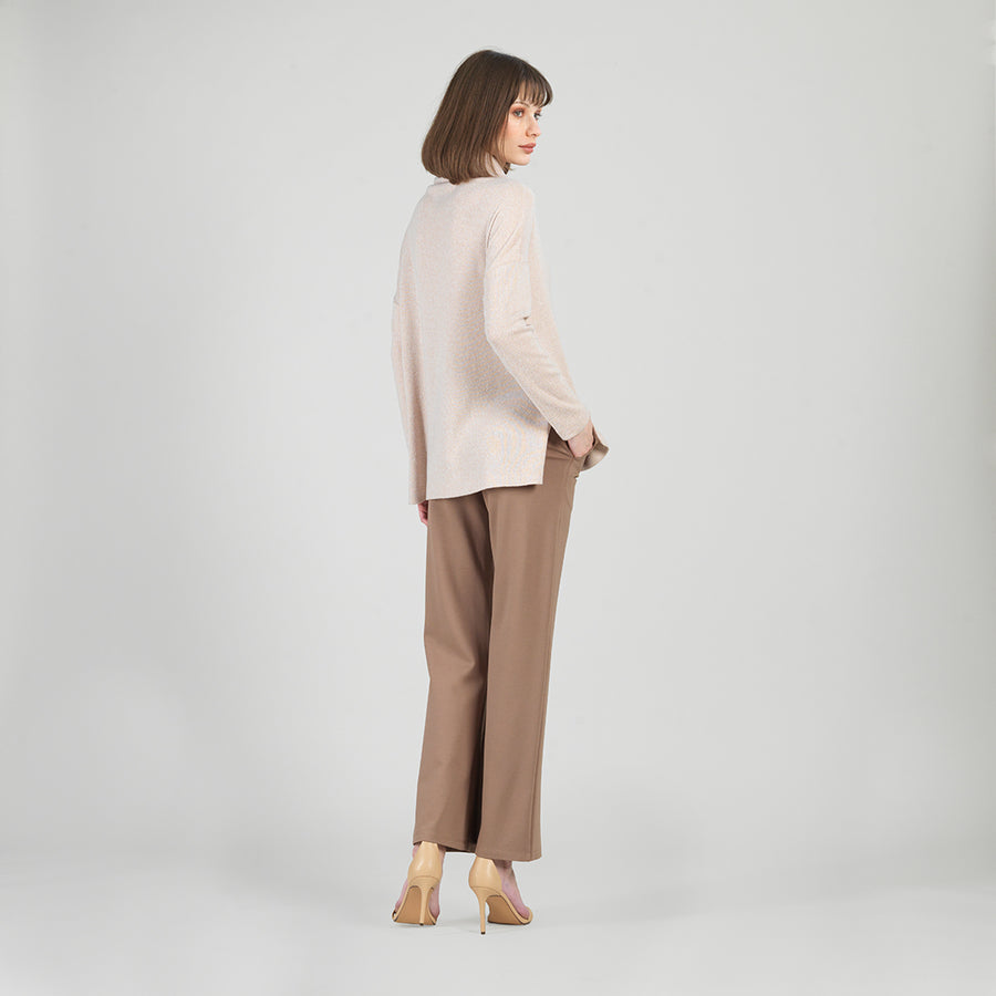 Faux Cashmere - Cowl Turtleneck Side Vent Sweater Tunic - Natural