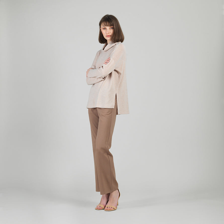 Faux Cashmere - Cowl Turtleneck Side Vent Sweater Tunic - Natural