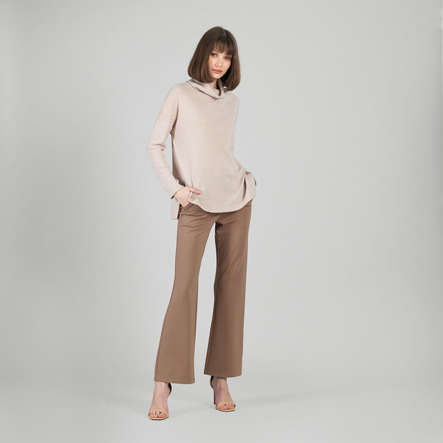 Faux Cashmere - Cowl Turtleneck Side Vent Sweater Tunic - Natural