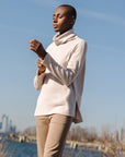 Faux Cashmere - Cowl Turtleneck Side Vent Sweater Tunic - Natural