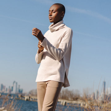 Faux Cashmere - Cowl Turtleneck Side Vent Sweater Tunic - Natural