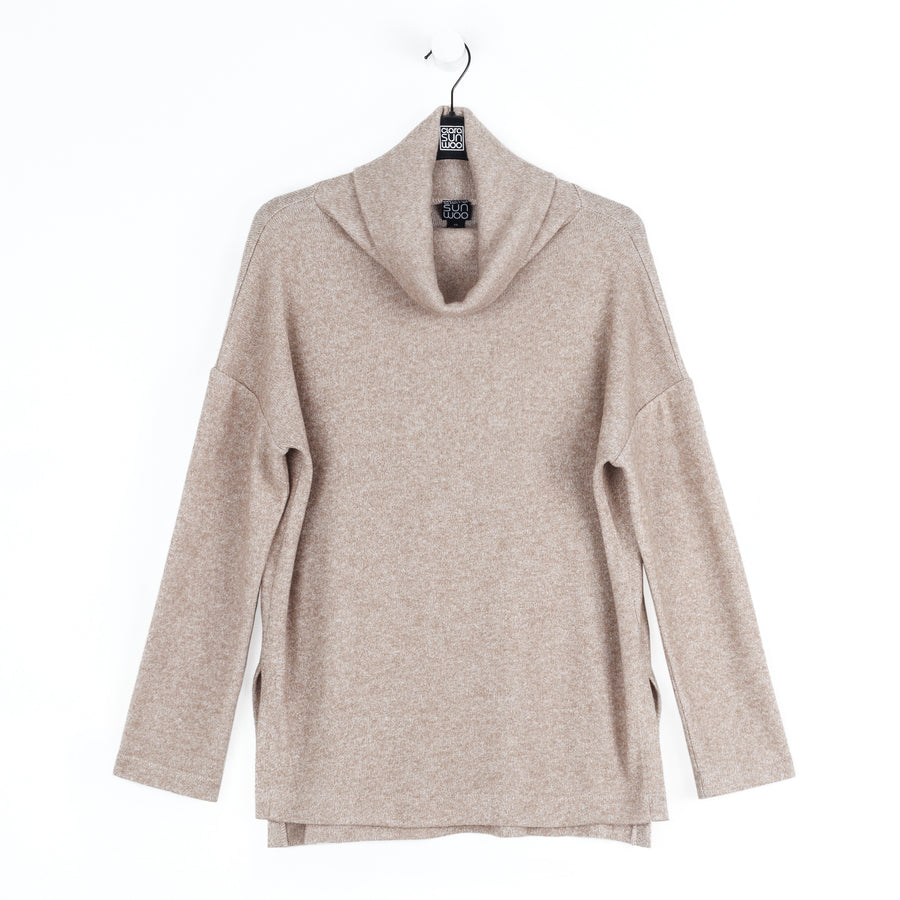 Faux Cashmere - Cowl Turtleneck Side Vent Sweater Tunic - Natural