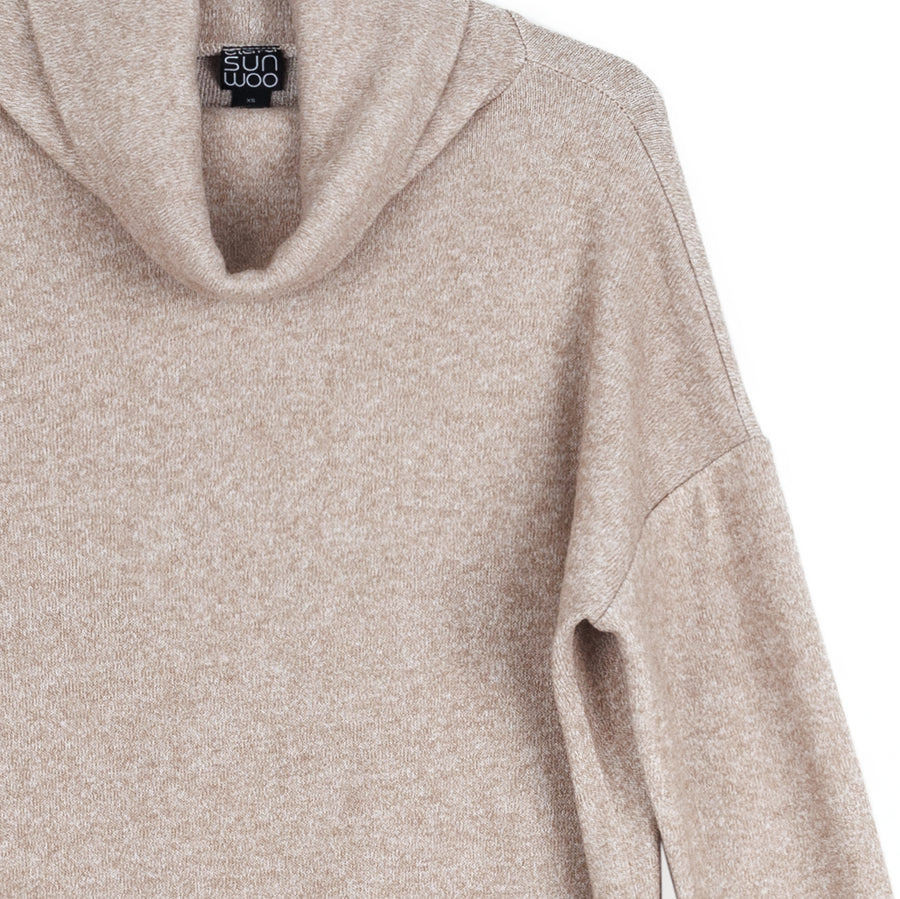 Faux Cashmere - Cowl Turtleneck Side Vent Sweater Tunic - Natural