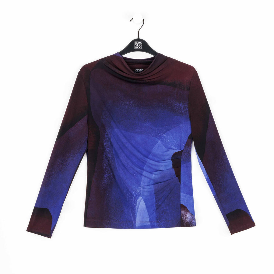 Draped Neck Side Ruched Top - Purple Watercolor - Final Sale!