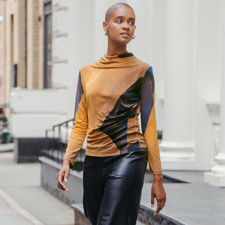 Crushed Silk Knit - Draped Neck Side Ruched Top - Black - Final