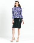 Foil Knit - Draped Neck Side Ruched Top - Plum Cheetah