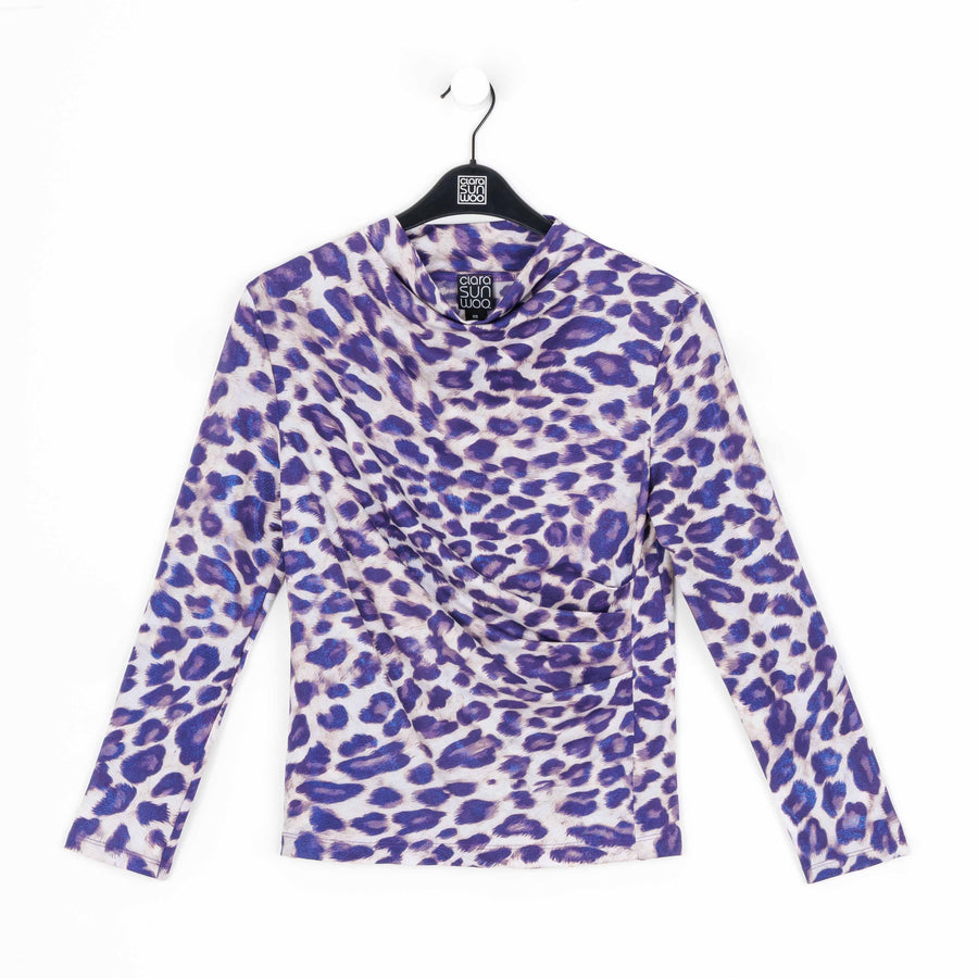 Foil Knit - Draped Neck Side Ruched Top - Plum Cheetah - Final Sale!