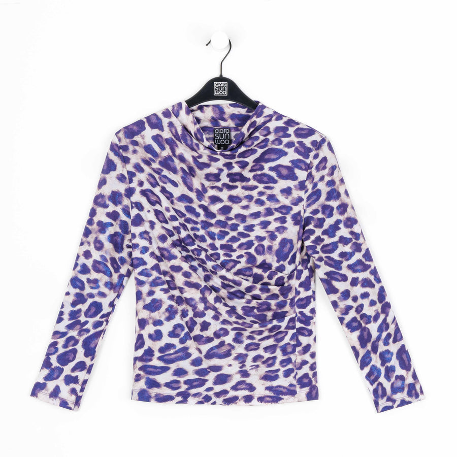 Foil Knit - Draped Neck Side Ruched Top - Plum Cheetah