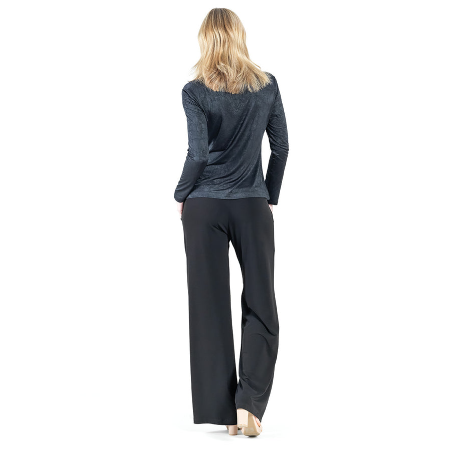 Crushed Silk Knit - Draped Neck Side Ruched Top - Black