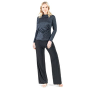 Crushed Silk Knit - Draped Neck Side Ruched Top - Black
