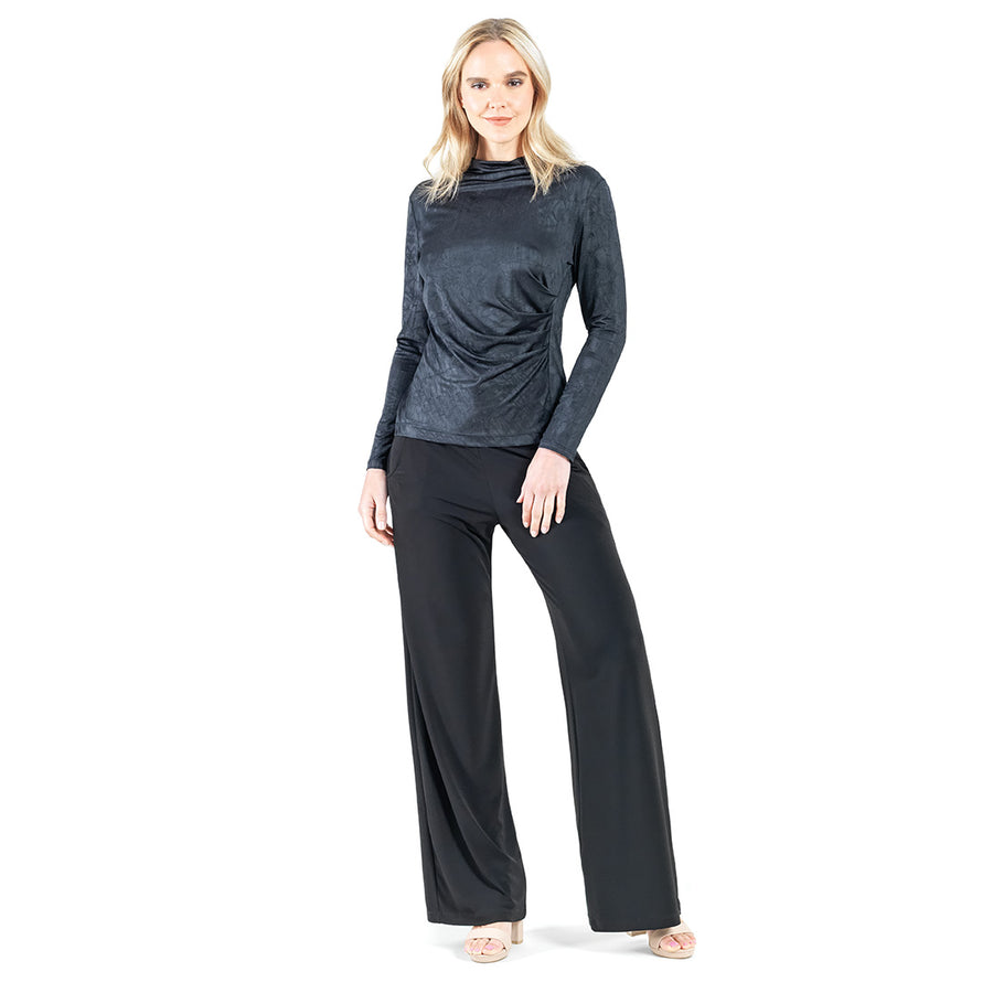 Crushed Silk Knit - Draped Neck Side Ruched Top - Black