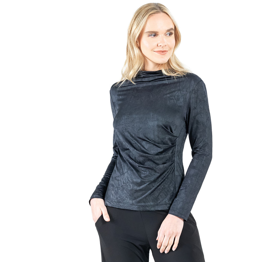 Crushed Silk Knit - Draped Neck Side Ruched Top - Black