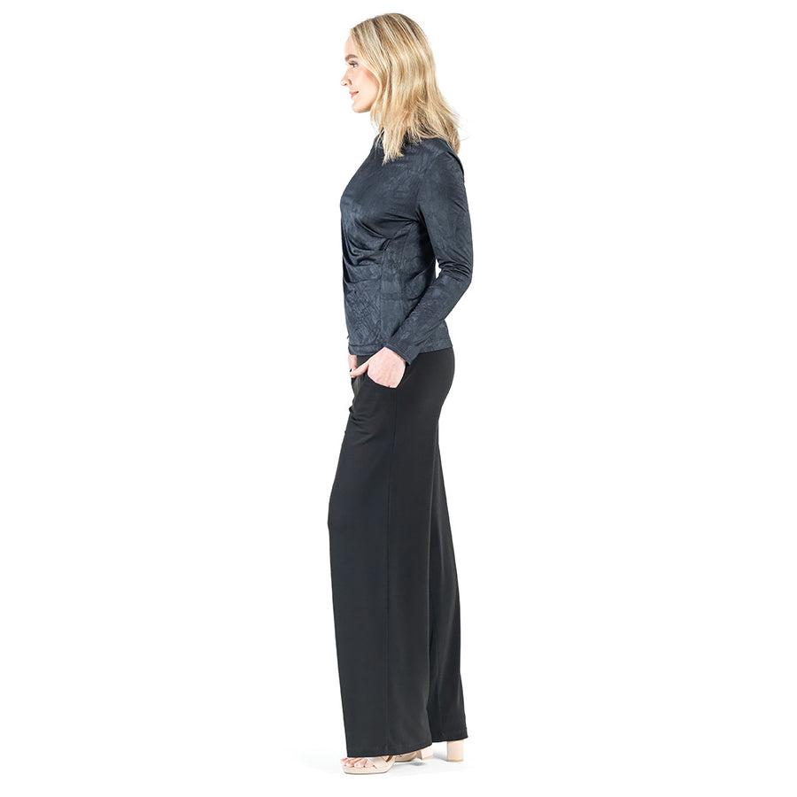 Crushed Silk Knit - Draped Neck Side Ruched Top - Black