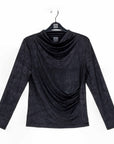 Crushed Silk Knit - Draped Neck Side Ruched Top - Black