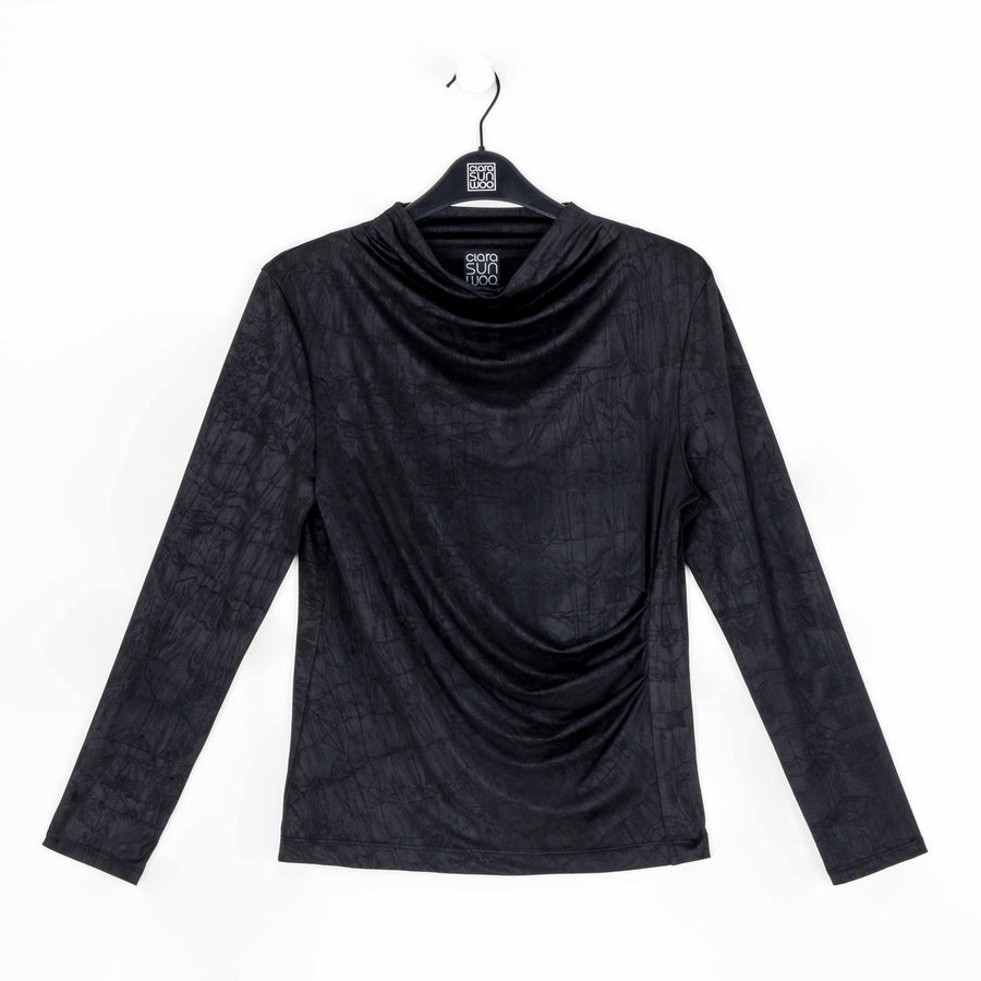 Crushed Silk Knit - Draped Neck Side Ruched Top - Black