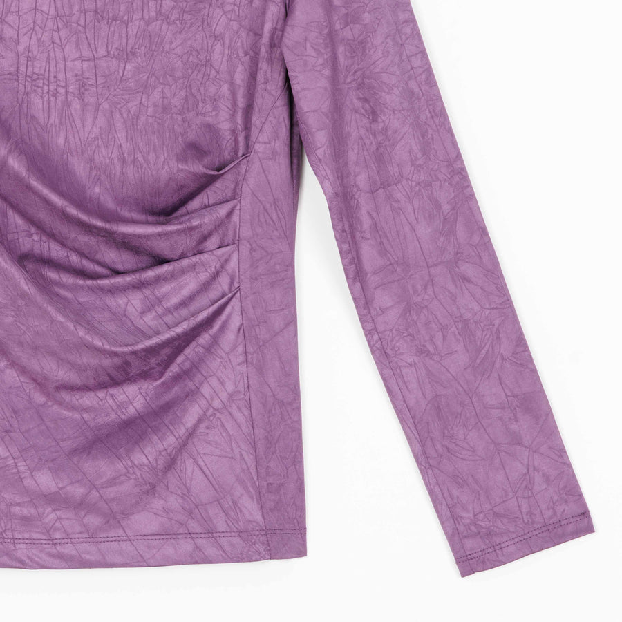 Crushed Silk Knit - Draped Neck Side Ruched Top - Plum