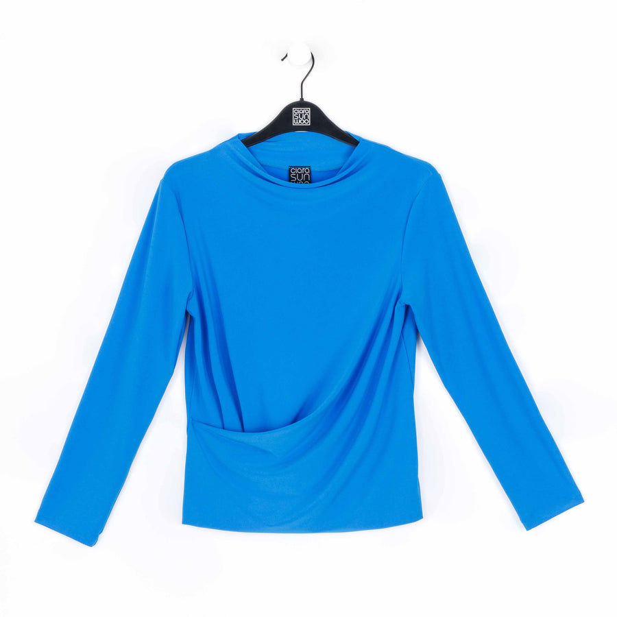 High Boat Neck Side Draped Top - Brilliant Blue