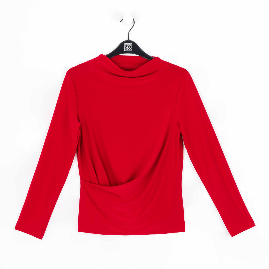 High Boat Neck Side Draped Top - Red