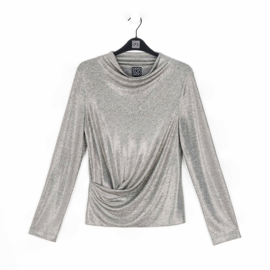 Glimmer Lamé - High Boat Neck Side Draped Top - Silver - Final Sale!