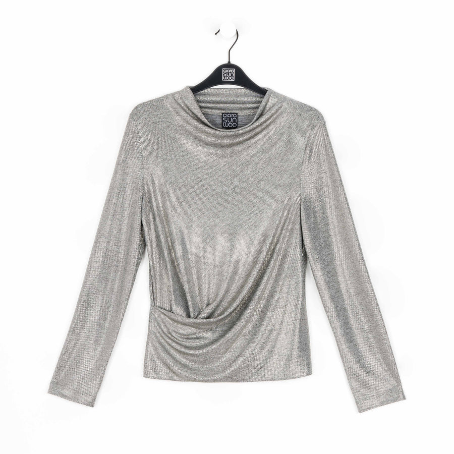 Glimmer Lamé - High Boat Neck Side Draped Top - Silver