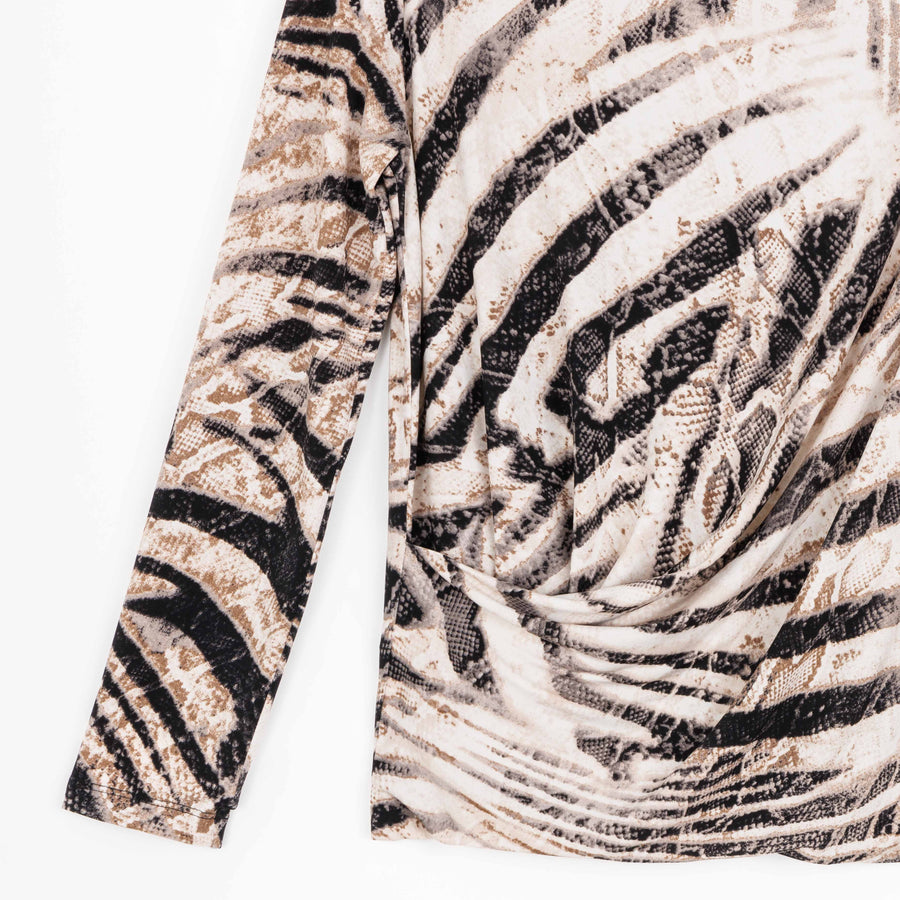 High Boat Neck Side Draped Top - Striped Zebra