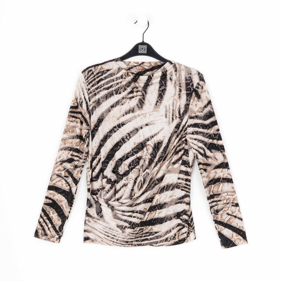 High Boat Neck Side Draped Top - Striped Zebra