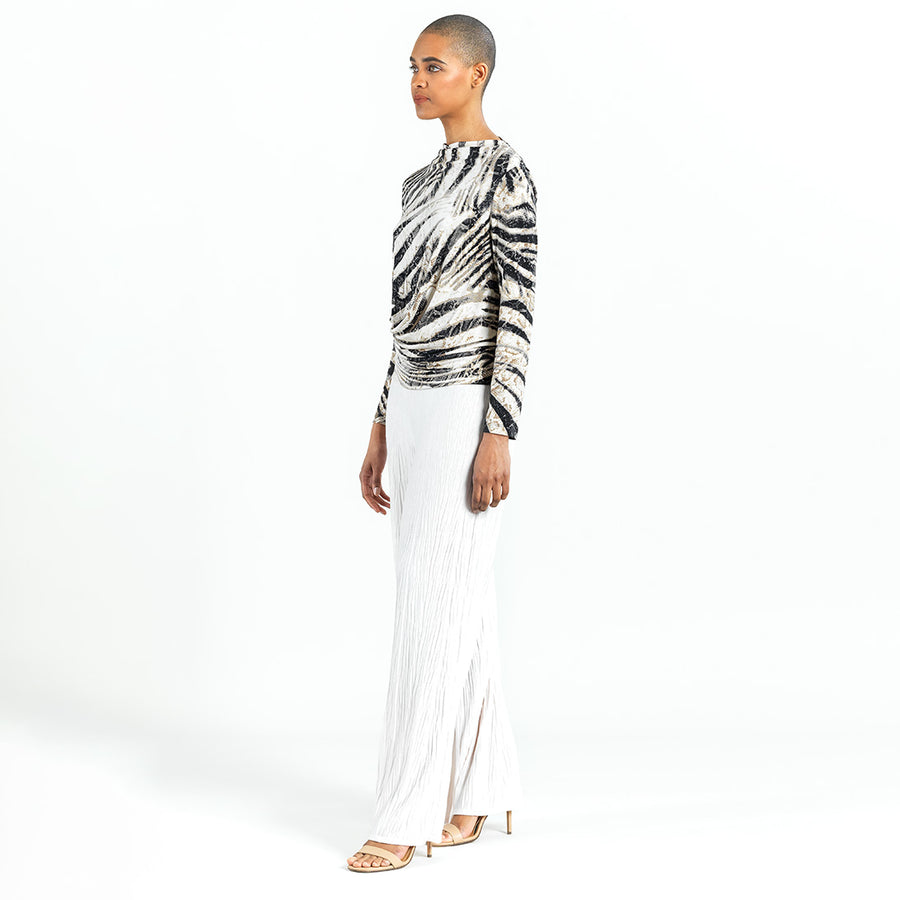 High Boat Neck Side Draped Top - Striped Zebra