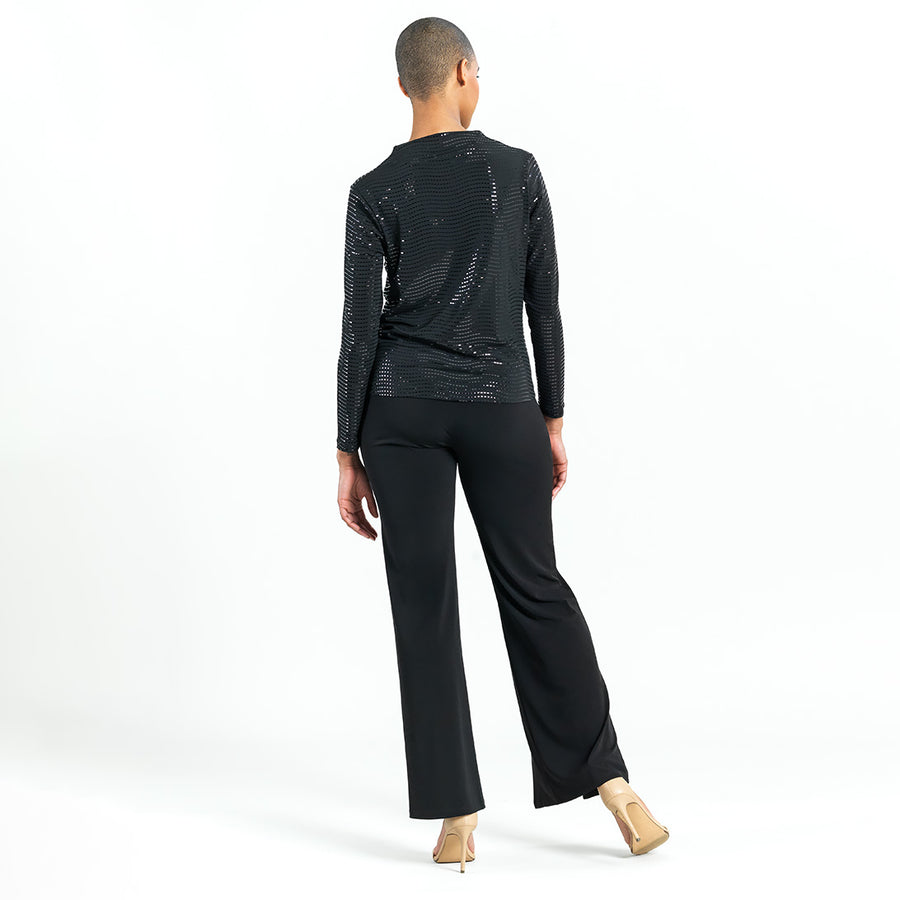 Shimmer Embellished - High Boat Neck Side Draped Top - Black