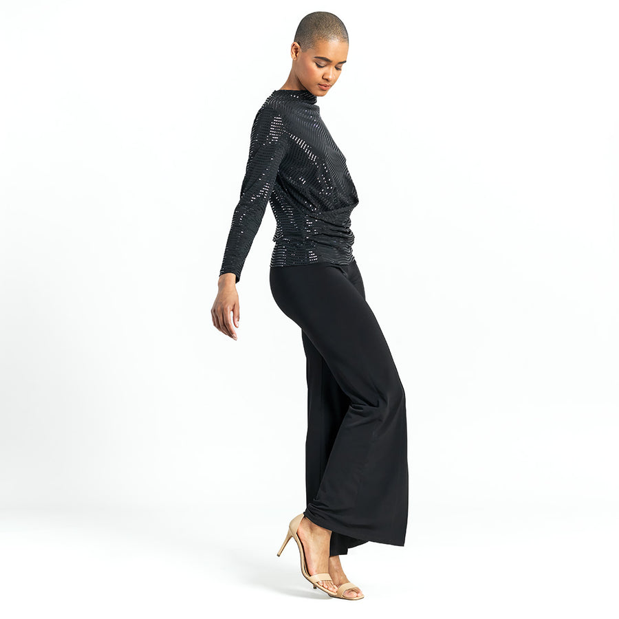 Shimmer Embellished - High Boat Neck Side Draped Top - Black