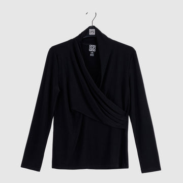 V-Neck Draped Pleat Top - Black