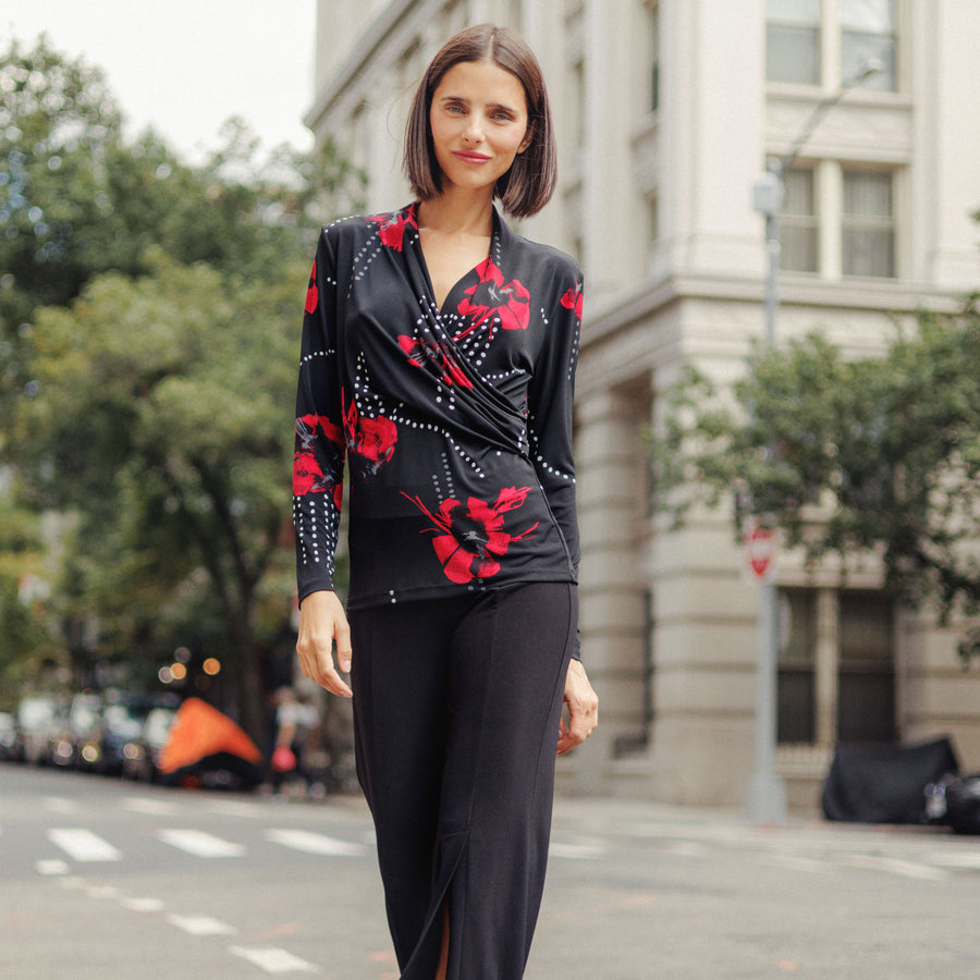 V-Neck Draped Pleat Top - Polka Poppy - Final Sale!