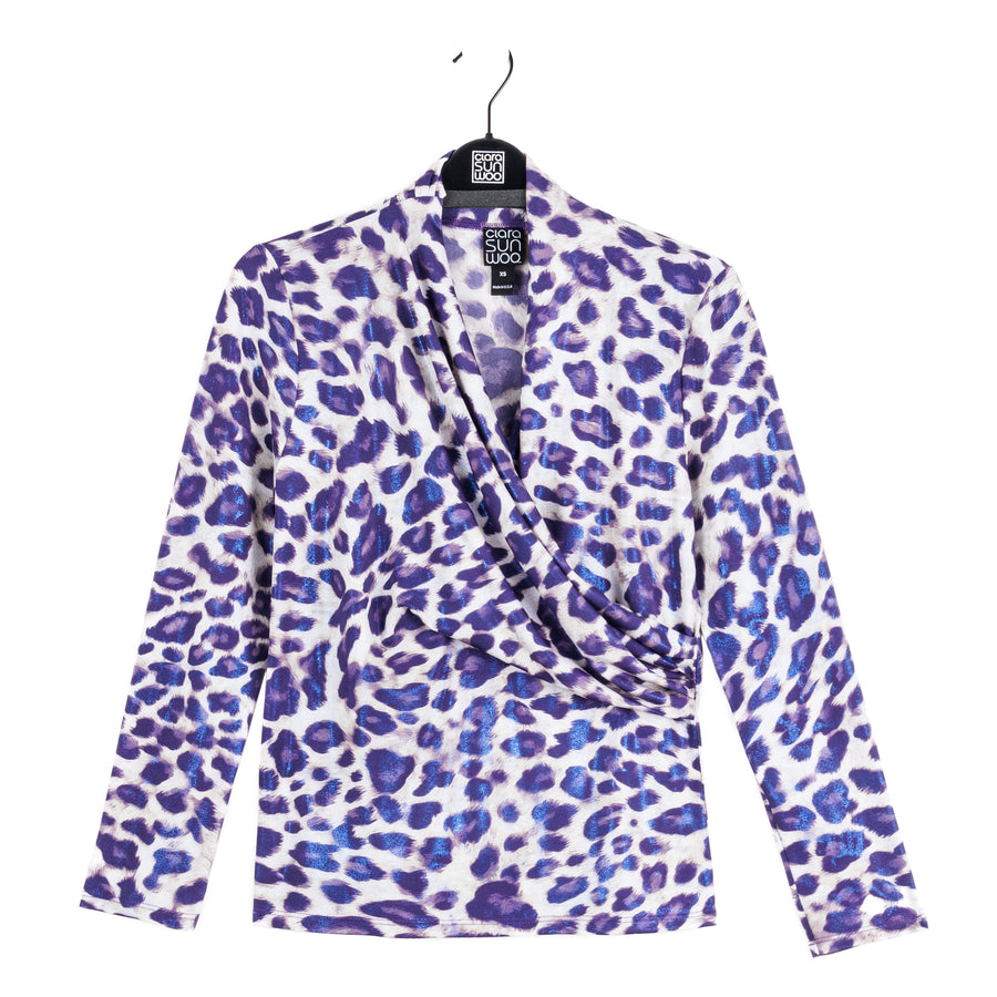 Foil Knit - V-Neck Draped Pleat Top - Plum Cheetah - Final Sale!