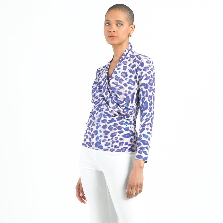 Foil Knit - V-Neck Draped Pleat Top - Plum Cheetah - Final Sale!
