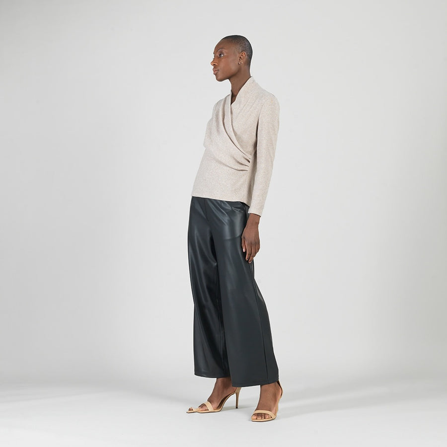 Faux Cashmere - V-Neck Draped Pleat Sweater Top - Natural