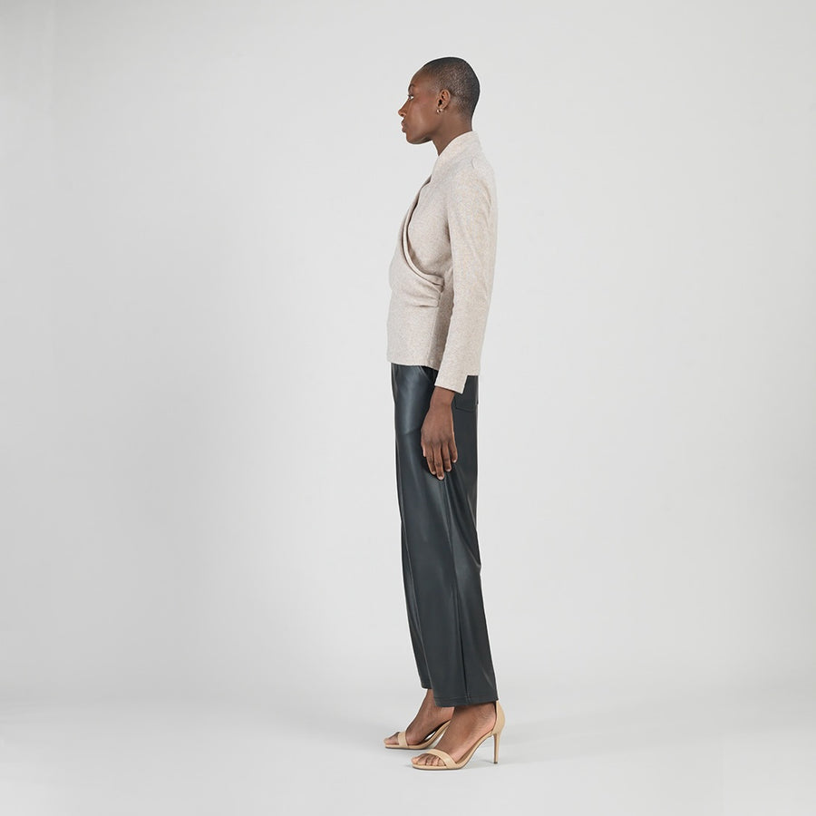 Faux Cashmere - V-Neck Draped Pleat Sweater Top - Natural