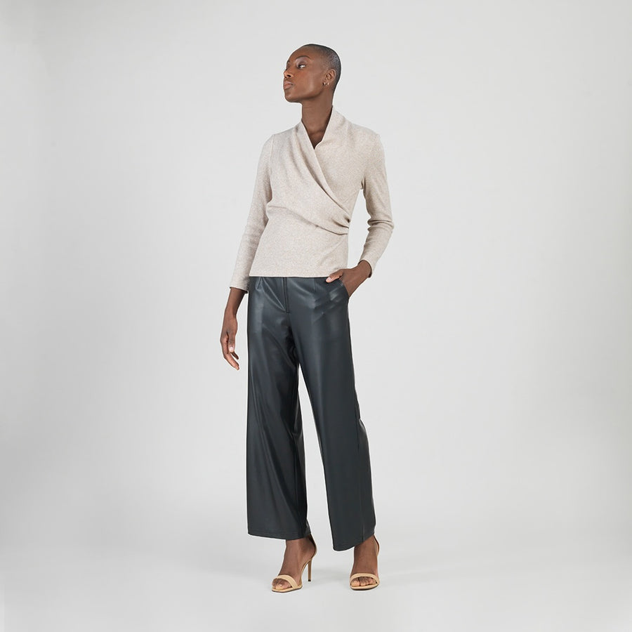 Faux Cashmere - V-Neck Draped Pleat Sweater Top - Natural