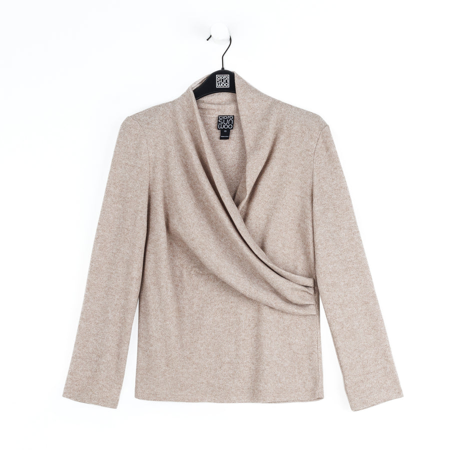 Faux Cashmere - V-Neck Draped Pleat Sweater Top - Natural