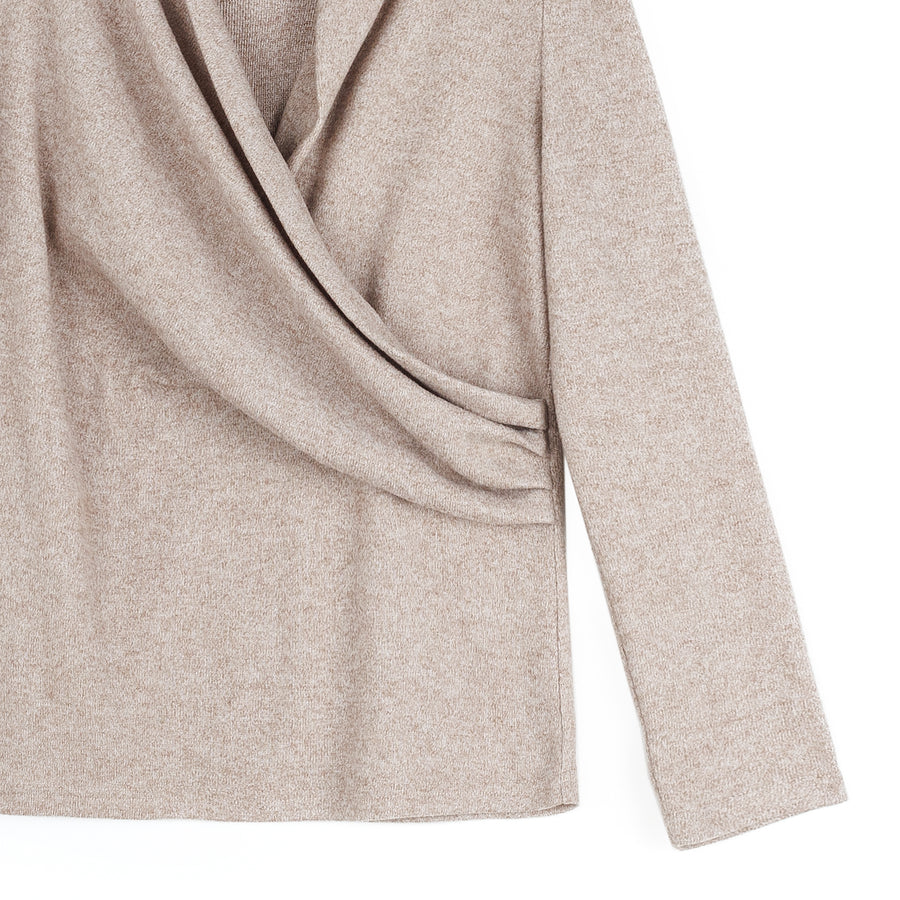 Faux Cashmere - V-Neck Draped Pleat Sweater Top - Natural