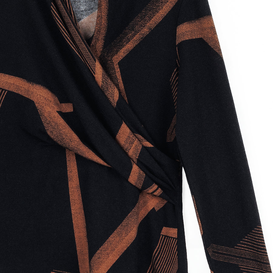 Lightweight Cozy - V-Neck Draped Pleat Sweater Top - Linear Geo